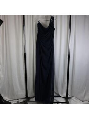 Dessy Collection midnight one-shoulder draped gown.